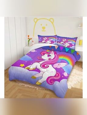 Kids Unicorn Bedding Comforter Set in Purple with Rainbow